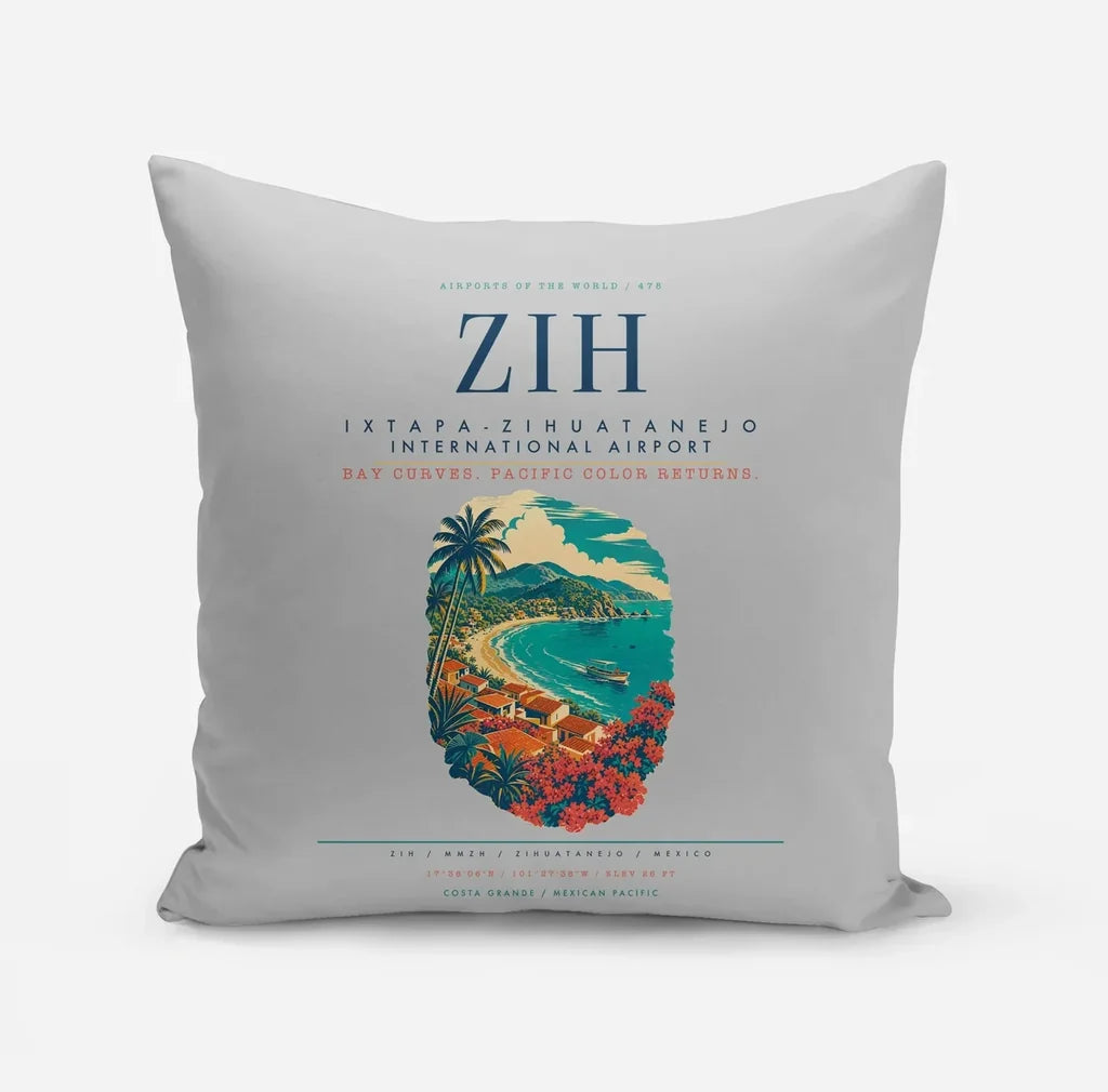 Ixtapa-Zihuatanejo International Airport (ZIH) design on light gray pillow