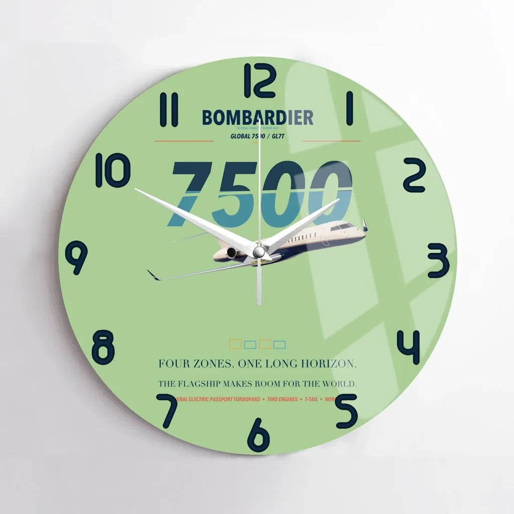 Bombardier Global 7500 design on light green no frame wall clock