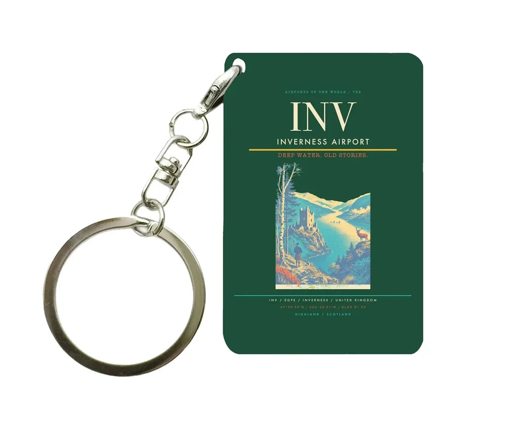 Inverness Airport (INV) design on dark green key chain