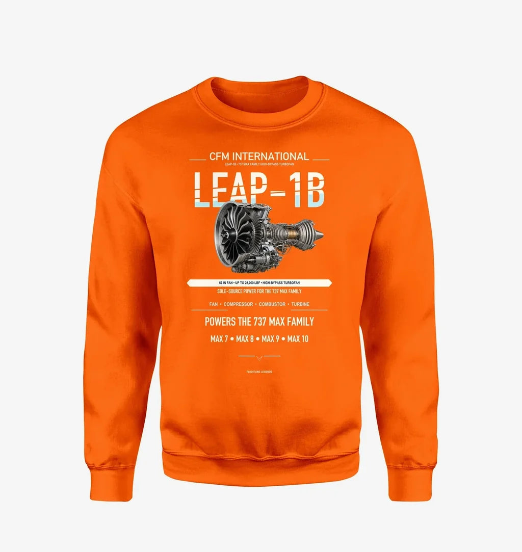 CFM LEAP-1B design on orange sweatshirt
