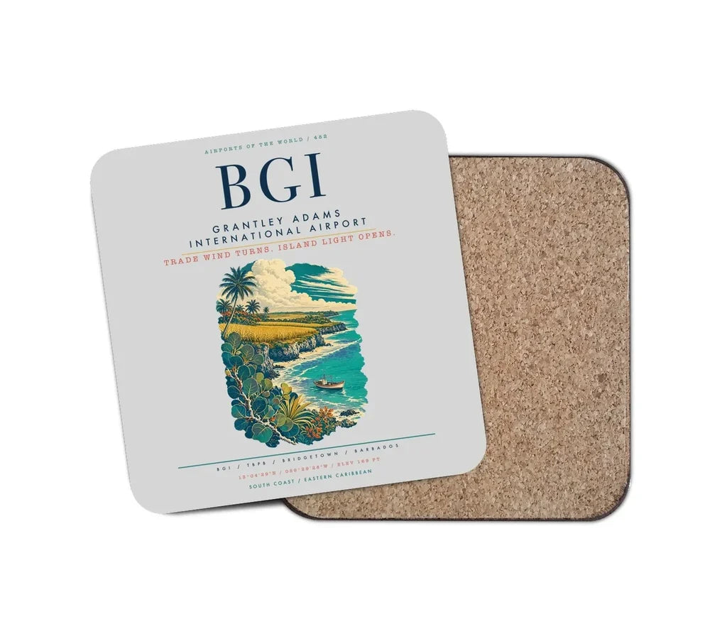 Grantley Adams International Airport (BGI) design on light gray 1 piece coaster