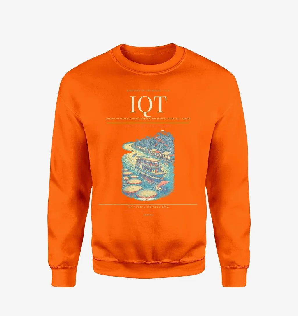 Coronel FAP Francisco Secada Vignetta International Airport (IQT) design on orange sweatshirt