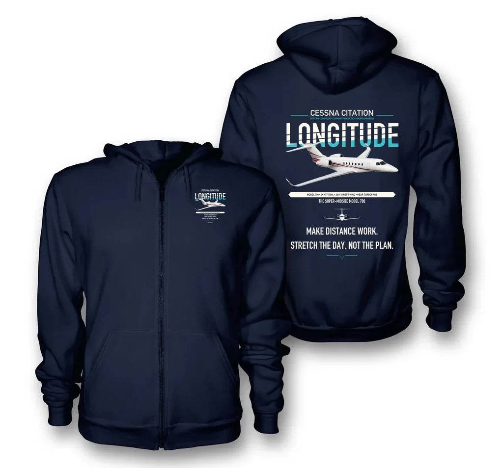 Cessna Citation Longitude design on navy blue premium zipped hoodie, double-side print