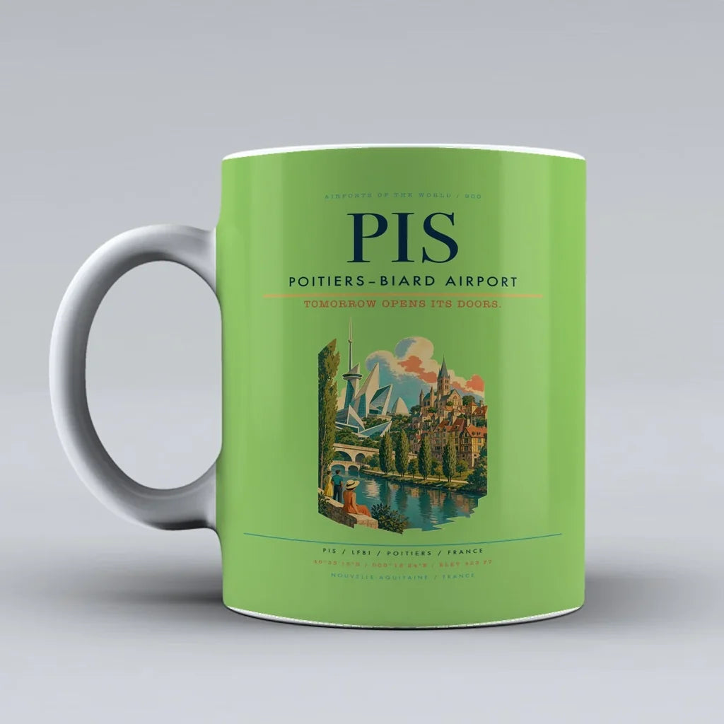 Poitiers–Biard Airport (PIS) airport code design on light green ceramic mug