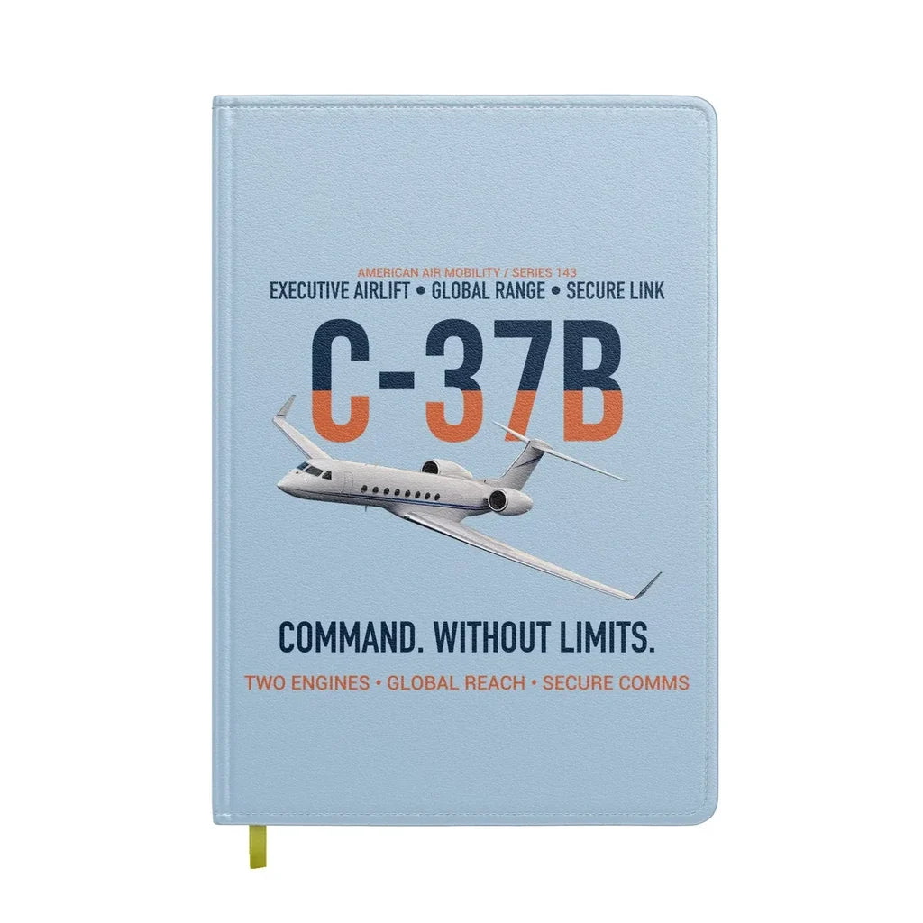 C-37B Global Command Link design on light blue notebook