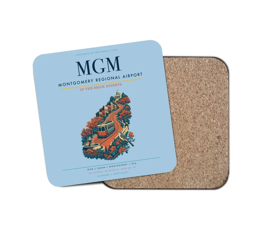 Montgomery Regional Airport (MGM) design on light blue 1 piece coaster
