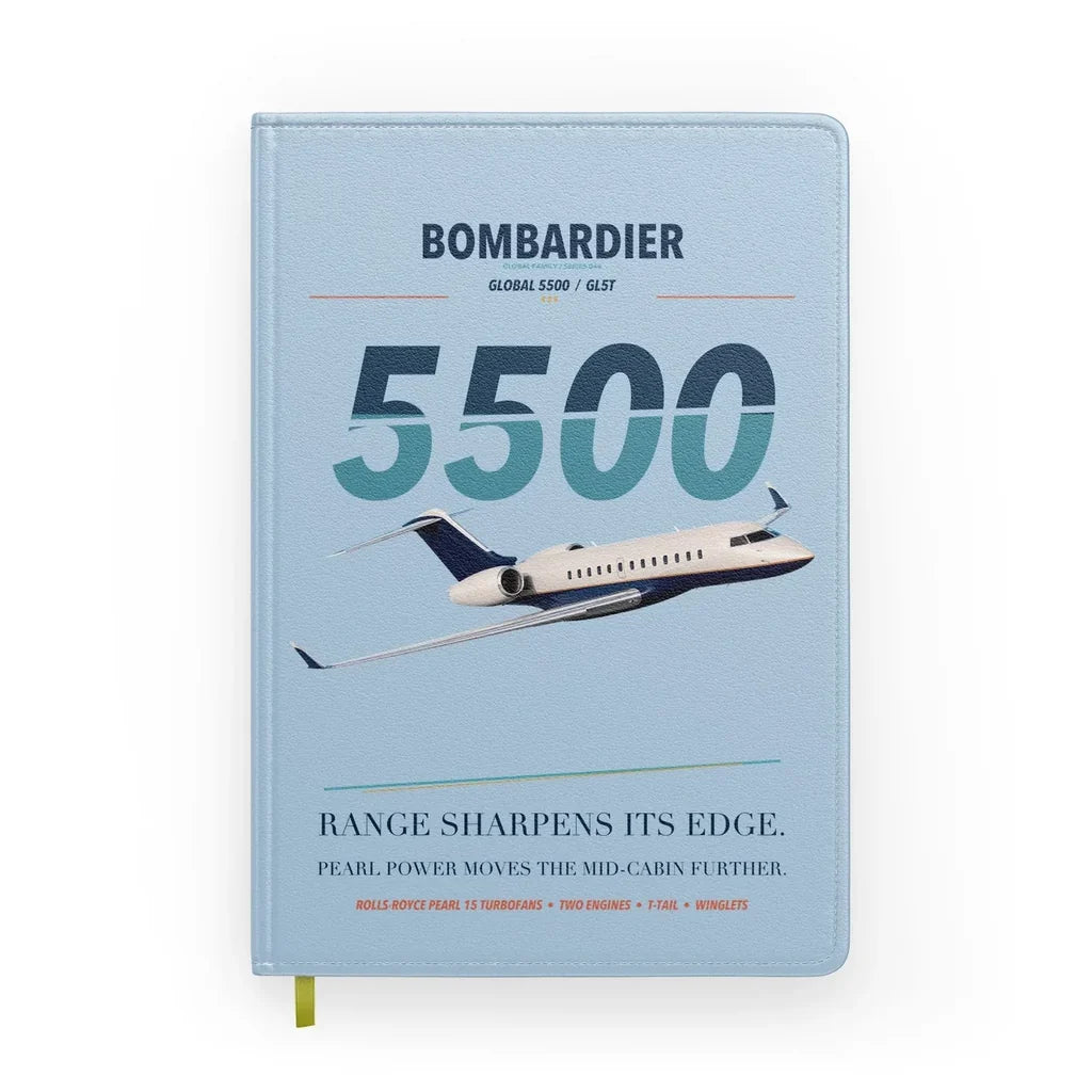 Bombardier Global 5500 design on light blue notebook