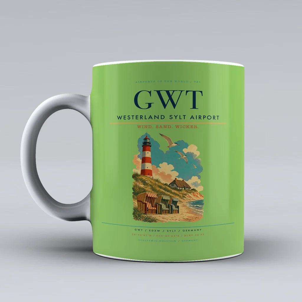 Westerland Sylt Airport (GWT) airport code design on light green ceramic mug