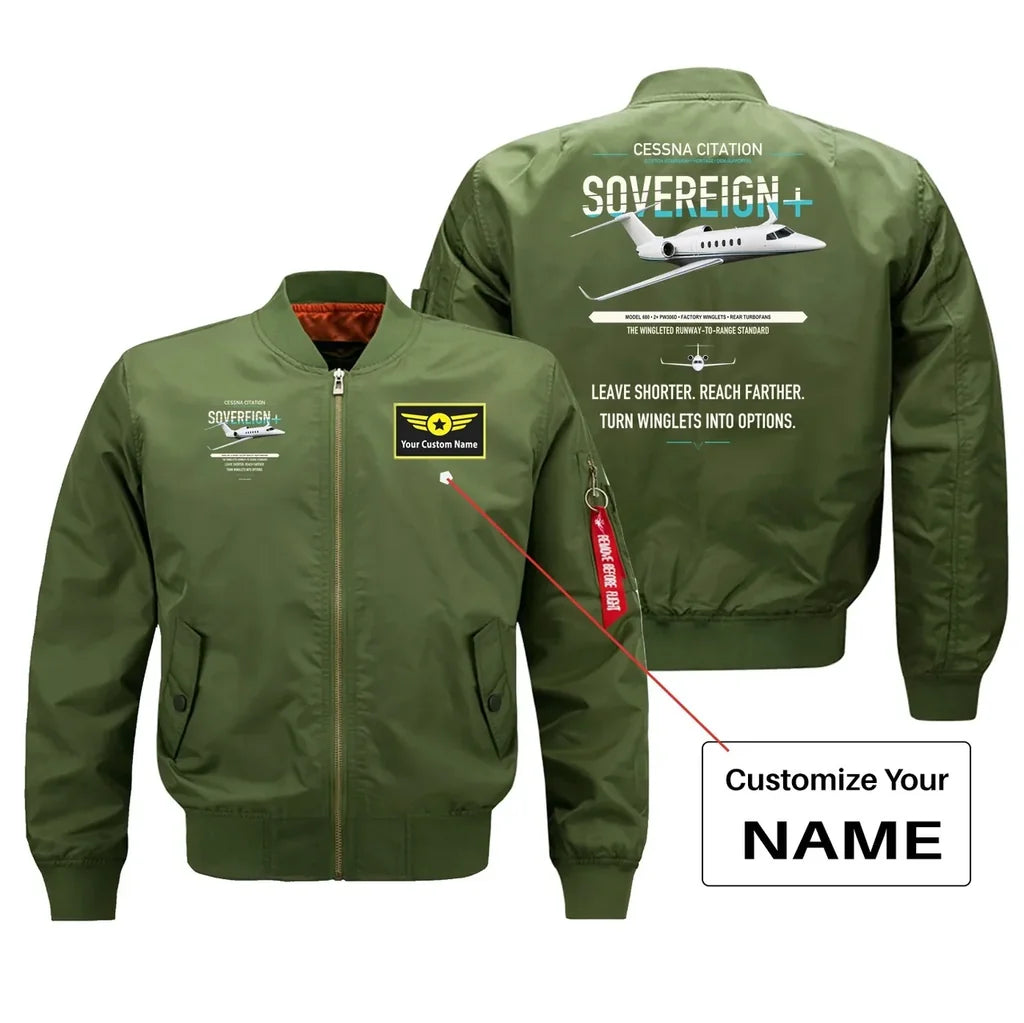 Cessna Citation Sovereign+ design on green+name bomber jacket, double-side print