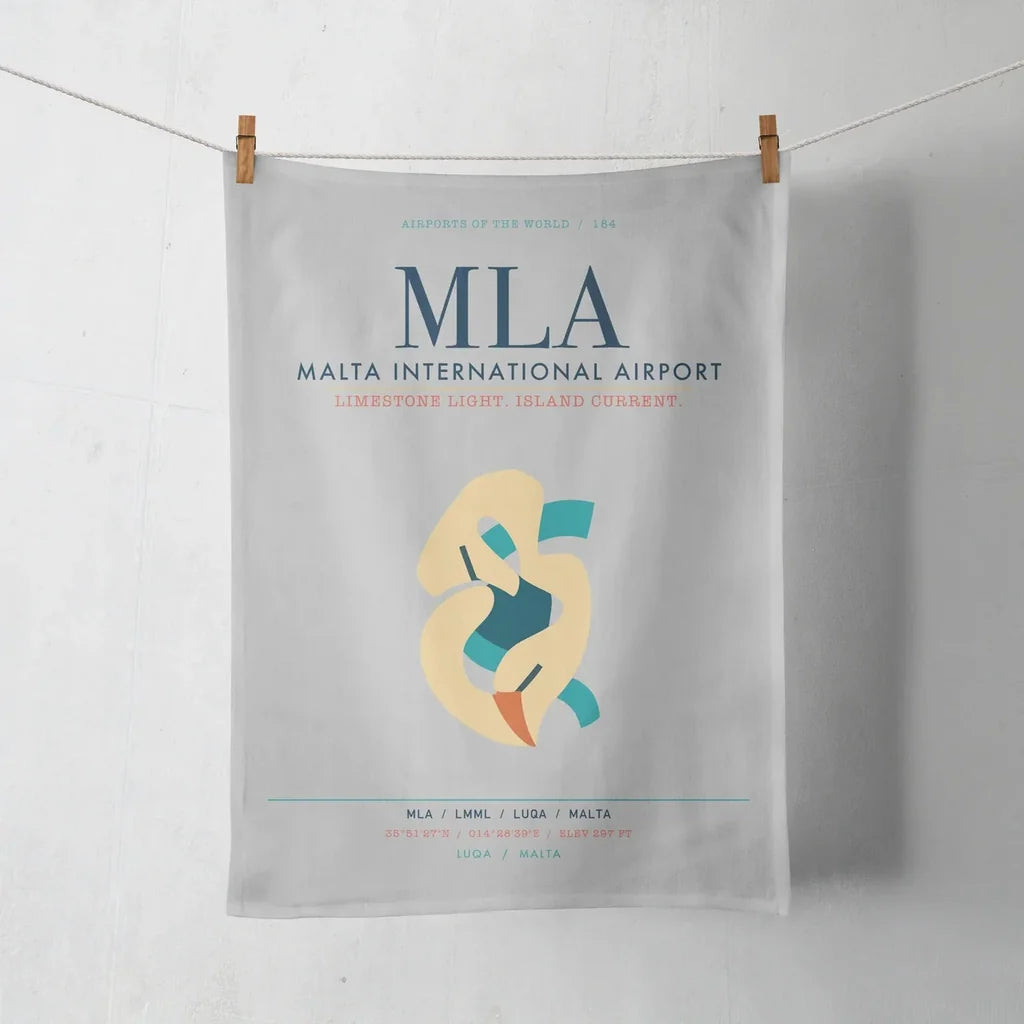 Malta International Airport (MLA) design on light gray towel