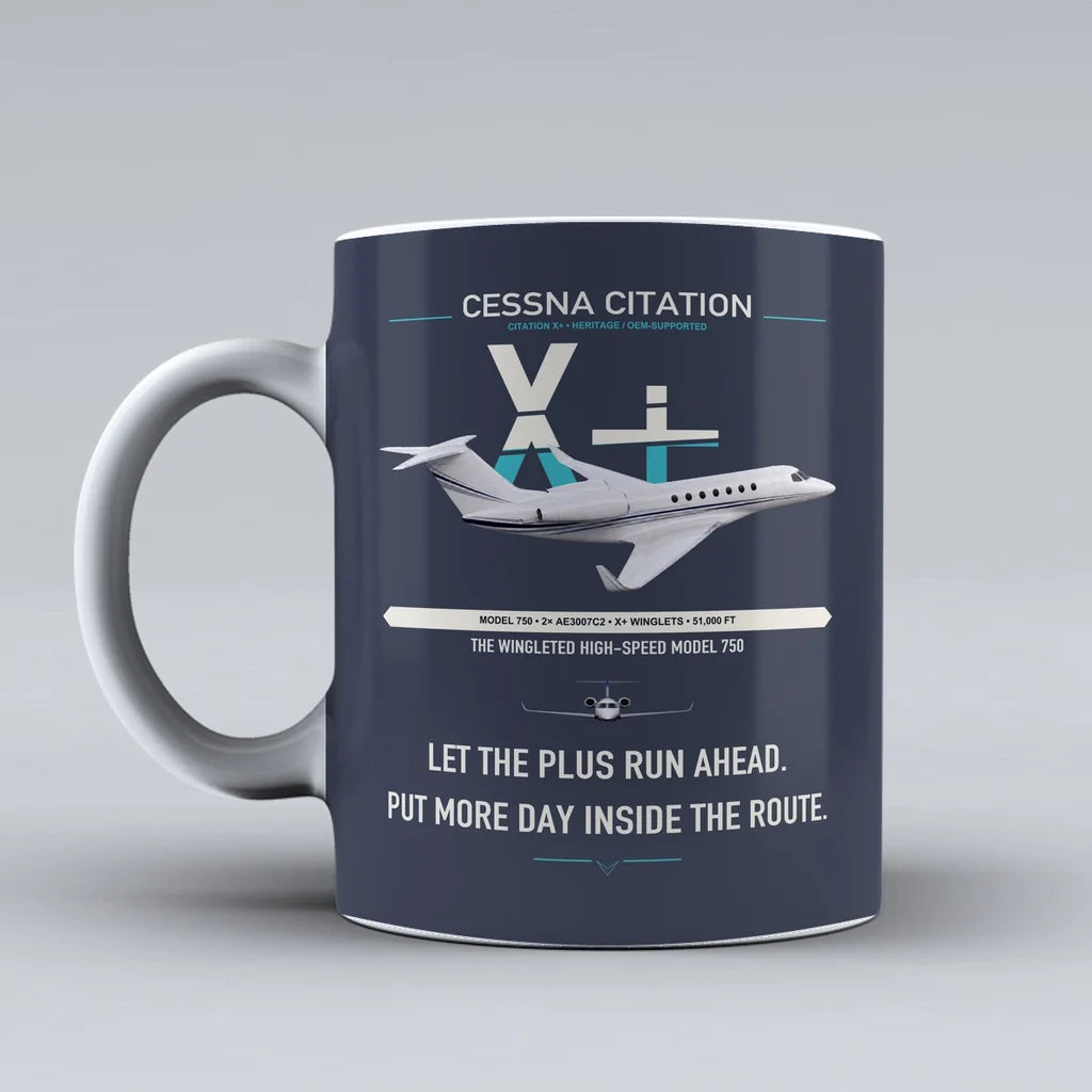 Cessna Citation X+ design on dark blue ceramic mug, double-side print