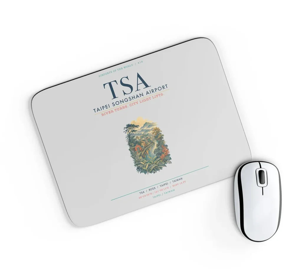 Taipei Songshan Airport (TSA) design on light gray rectangle mouse pad