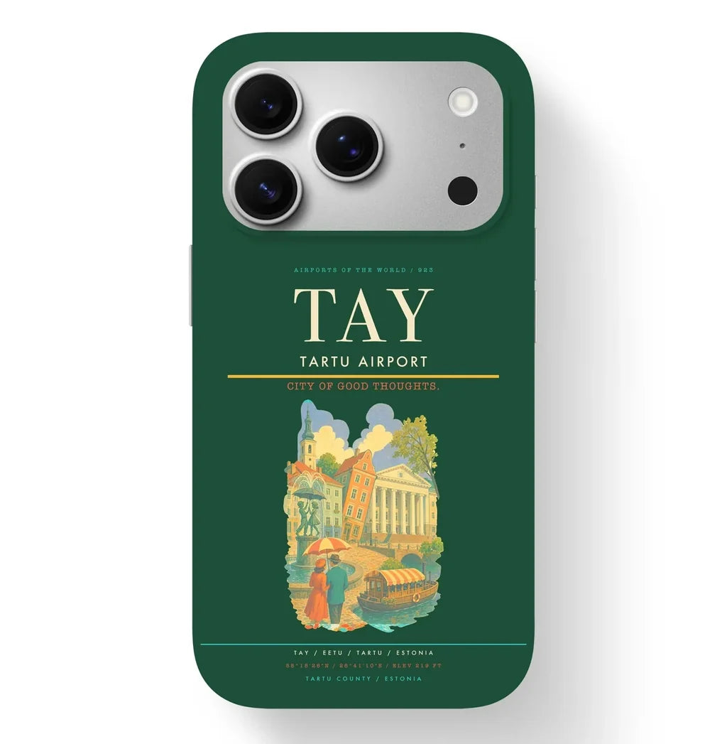 Tartu Airport (TAY) design on dark green iPhone 17 Pro MagSafe case
