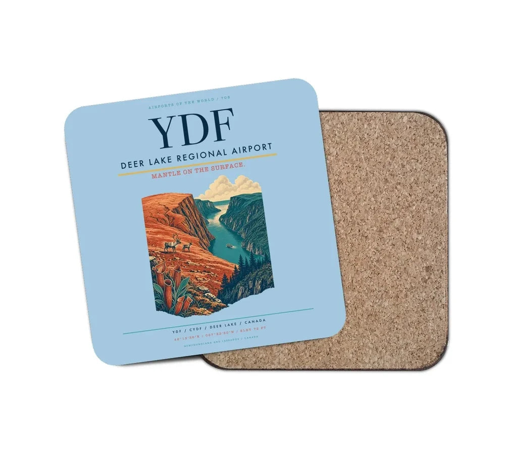 Deer Lake Regional Airport (YDF) design on light blue 1 piece coaster