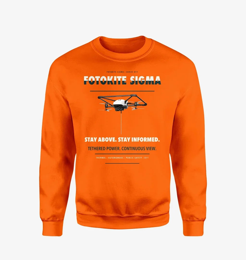 Fotokite Sigma design on orange sweatshirt
