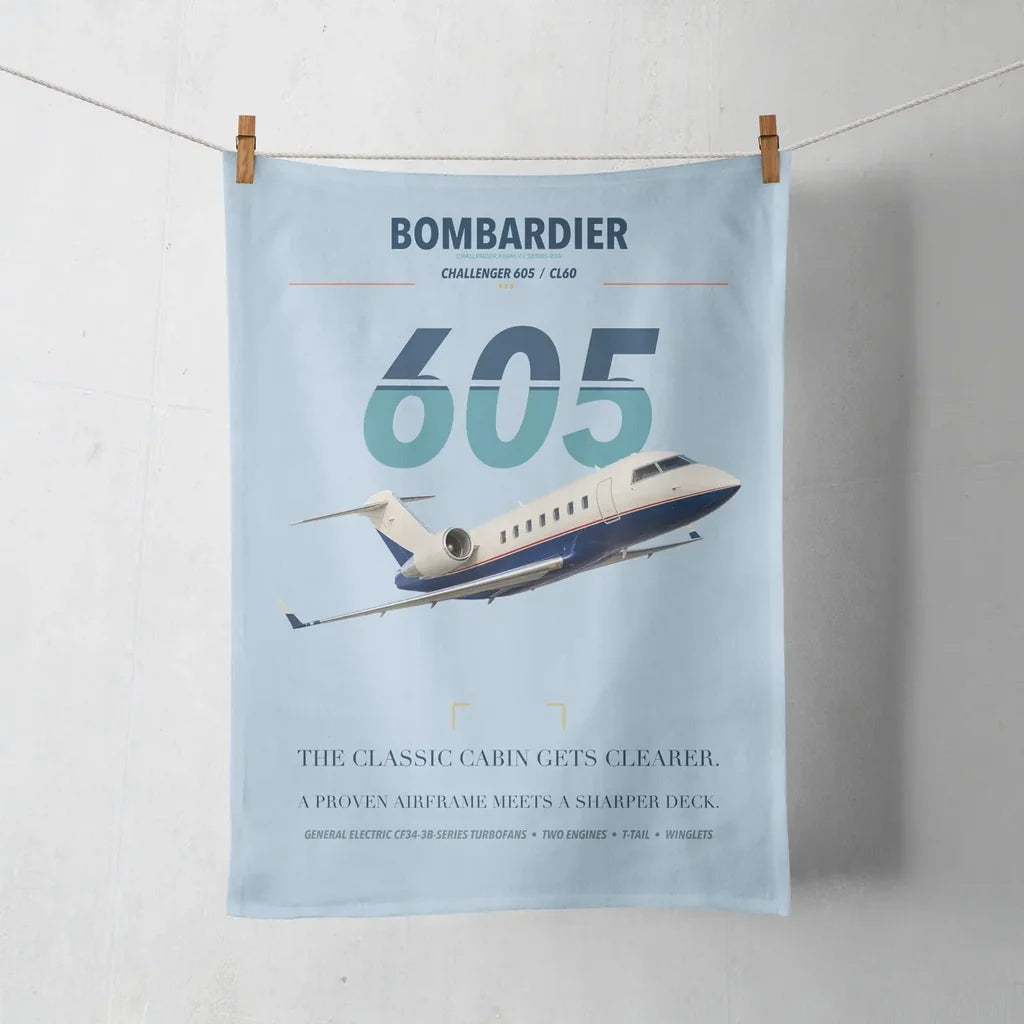 Bombardier Challenger 605 design on light blue towel