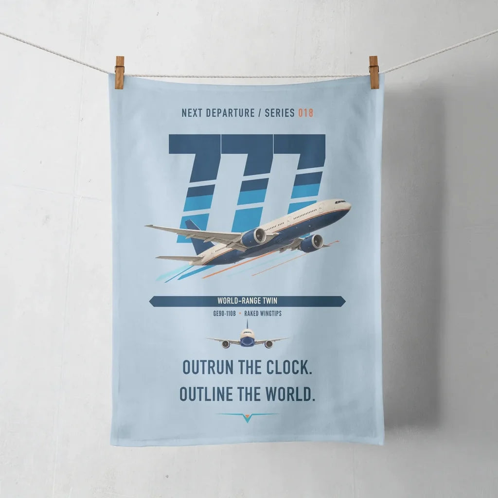 Boeing 777-200LR design on light blue towel