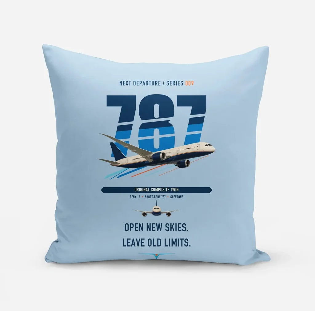 Boeing 787-8 Dreamliner design on light blue pillow