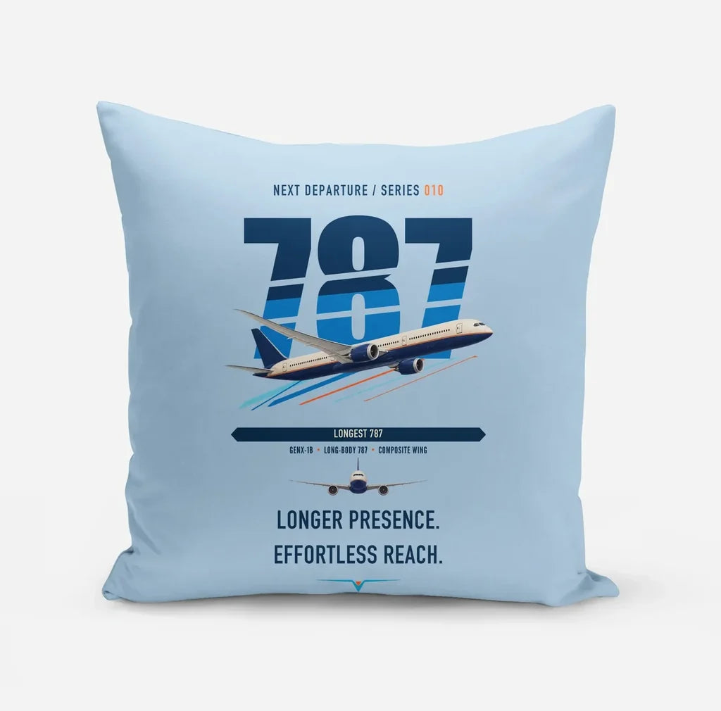 Boeing 787-10 Dreamliner design on light blue pillow