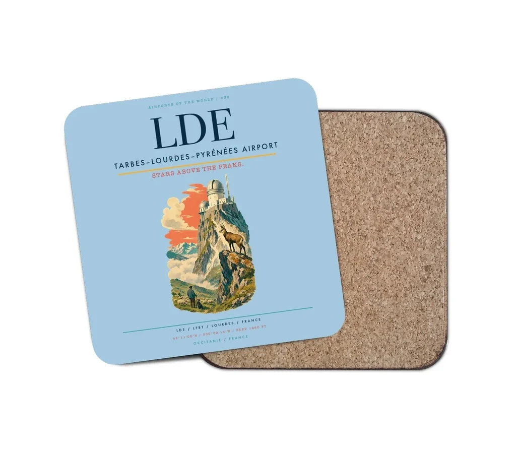 Tarbes–Lourdes–Pyrénées Airport (LDE) design on light blue 1 piece coaster
