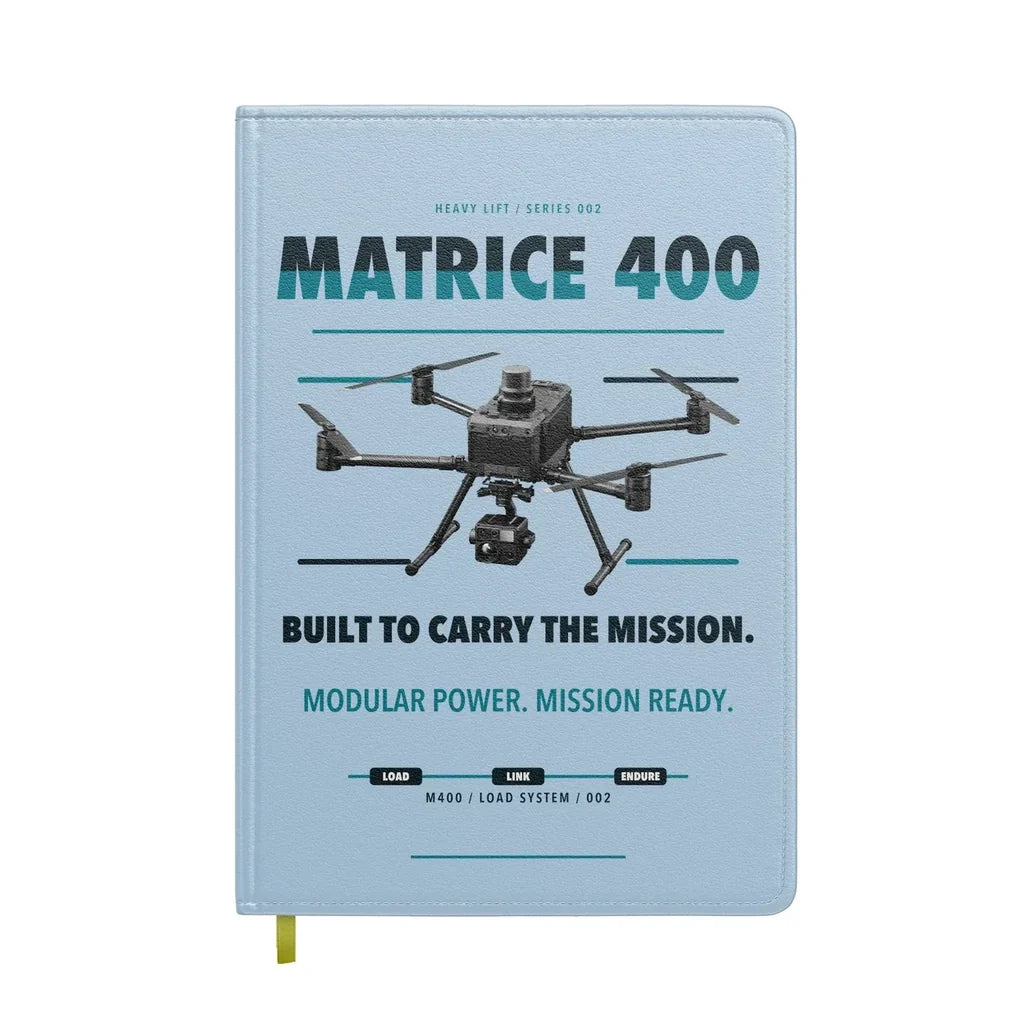 DJI Matrice 400 design on light blue notebook