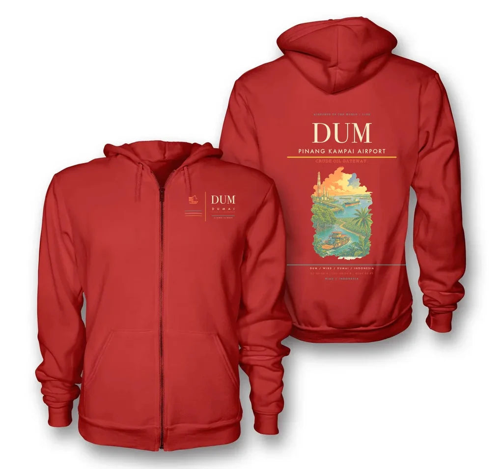 Dumai Airport (DUM) design on red premium zipped hoodie