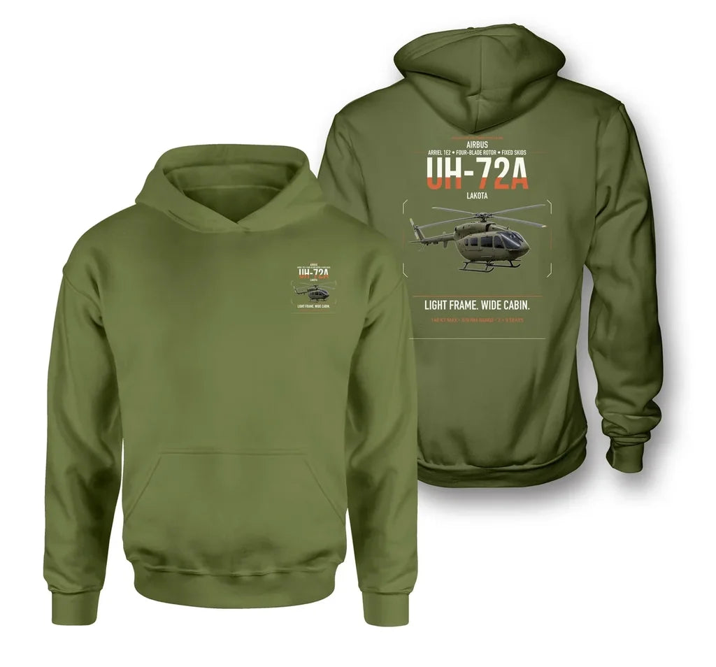 Airbus UH-72A Lakota design on green army double-side hoodie, double-side print