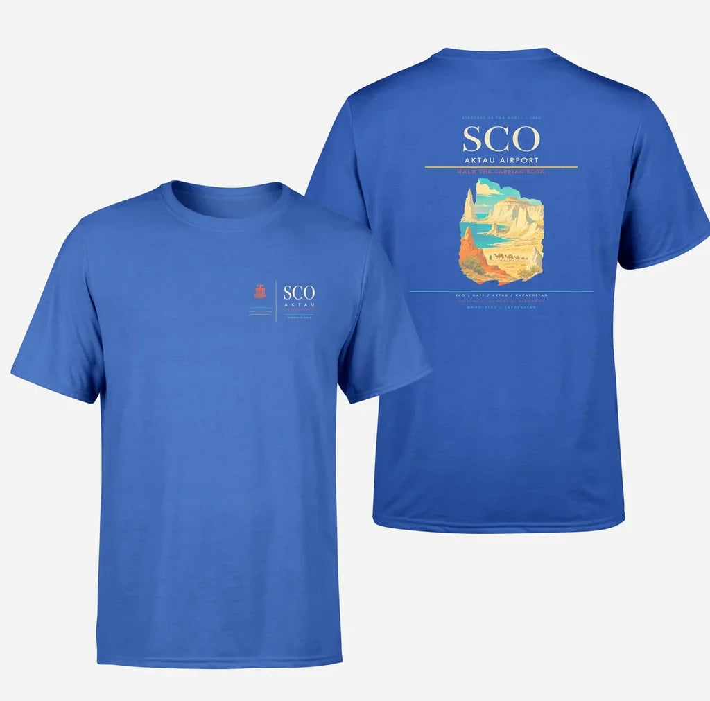 Aktau Airport (SCO) design printed on blue double-side t-shirt