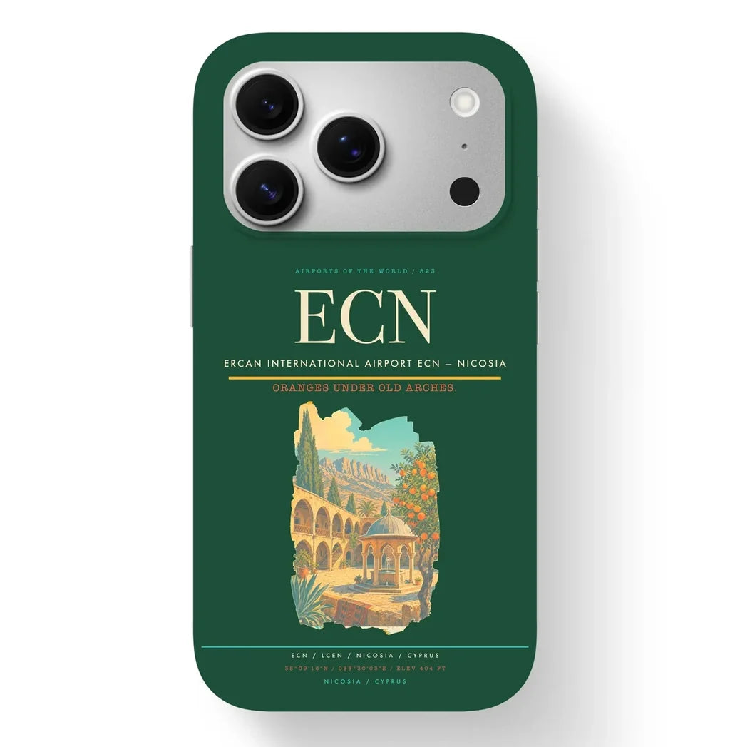 Nicosia Airport (ECN) design on dark green iPhone 17 Pro MagSafe case