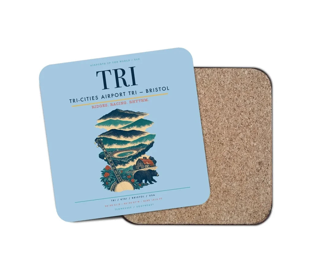 Tri-Cities Airport (TRI) design on light blue 1 piece coaster