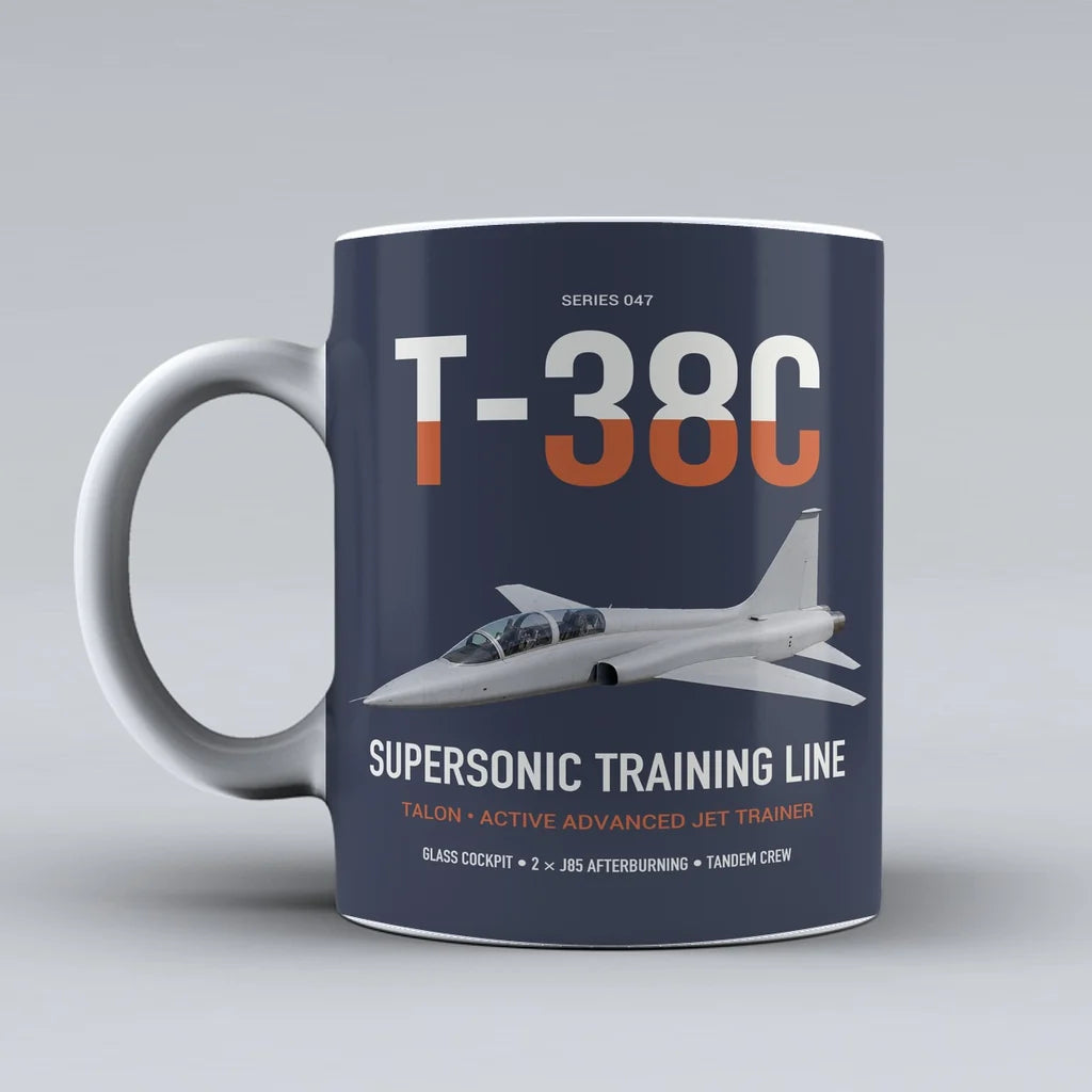 T-38C Talon design on dark blue ceramic mug, double-side print