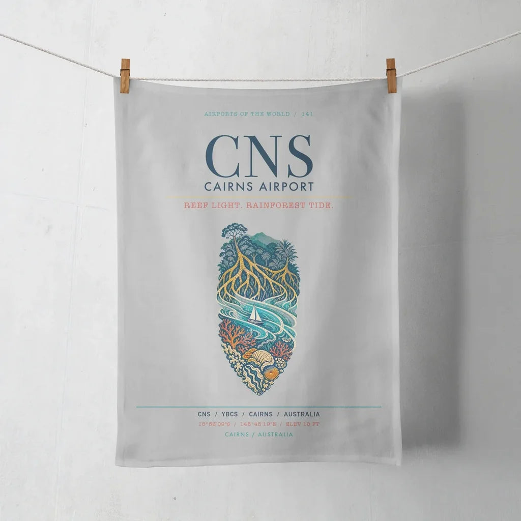 Cairns Airport (CNS) design on light gray towel