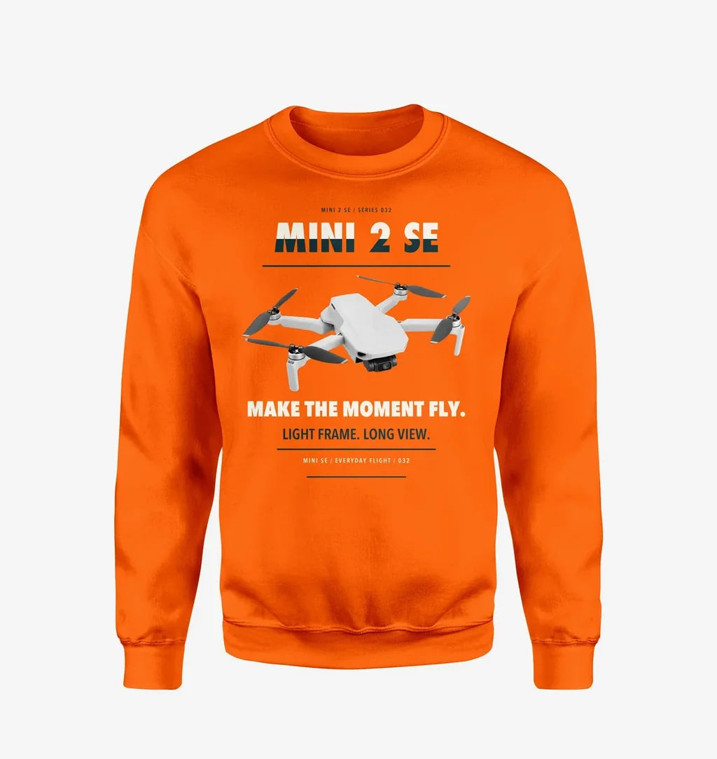 DJI Mini 2 SE design on orange sweatshirt