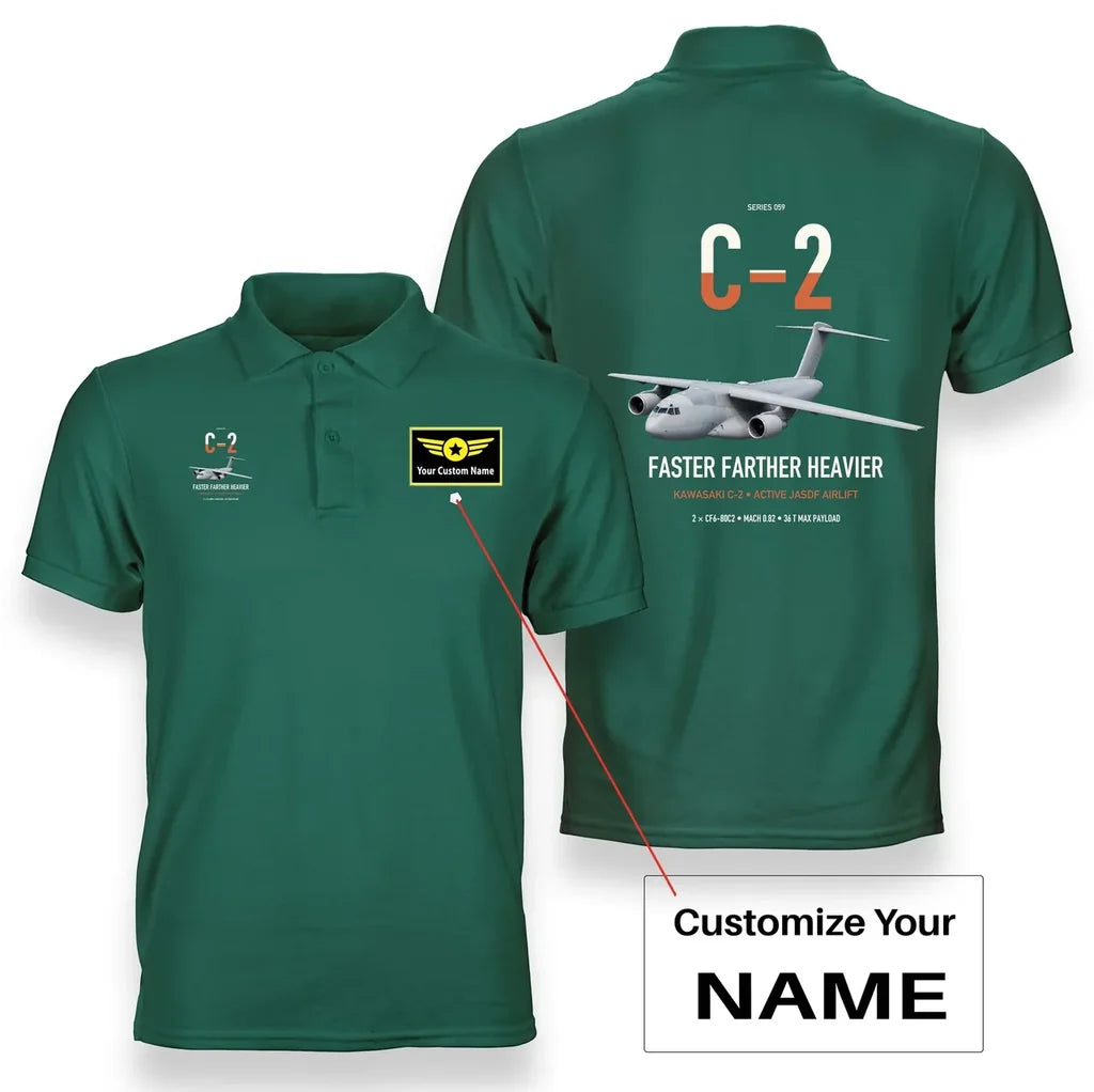 Kawasaki C-2 design on green+name double-side polo t-shirt, double-side print