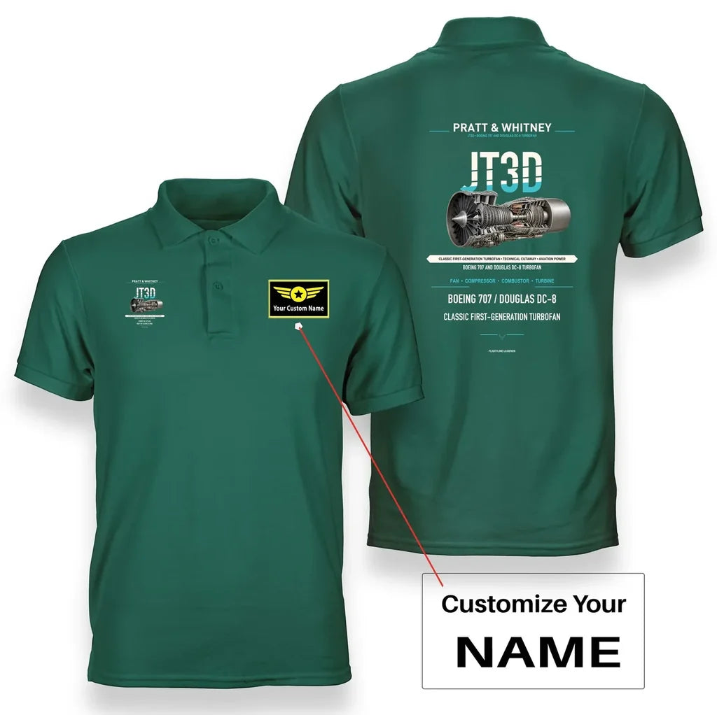 JT3D design on green polo with custom name badge
