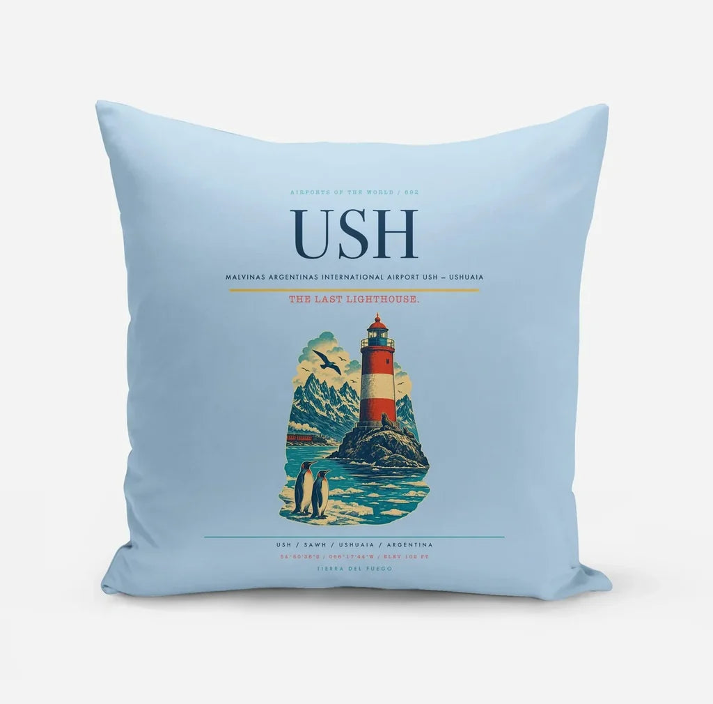 Malvinas Argentinas International Airport (USH) design on light blue pillow