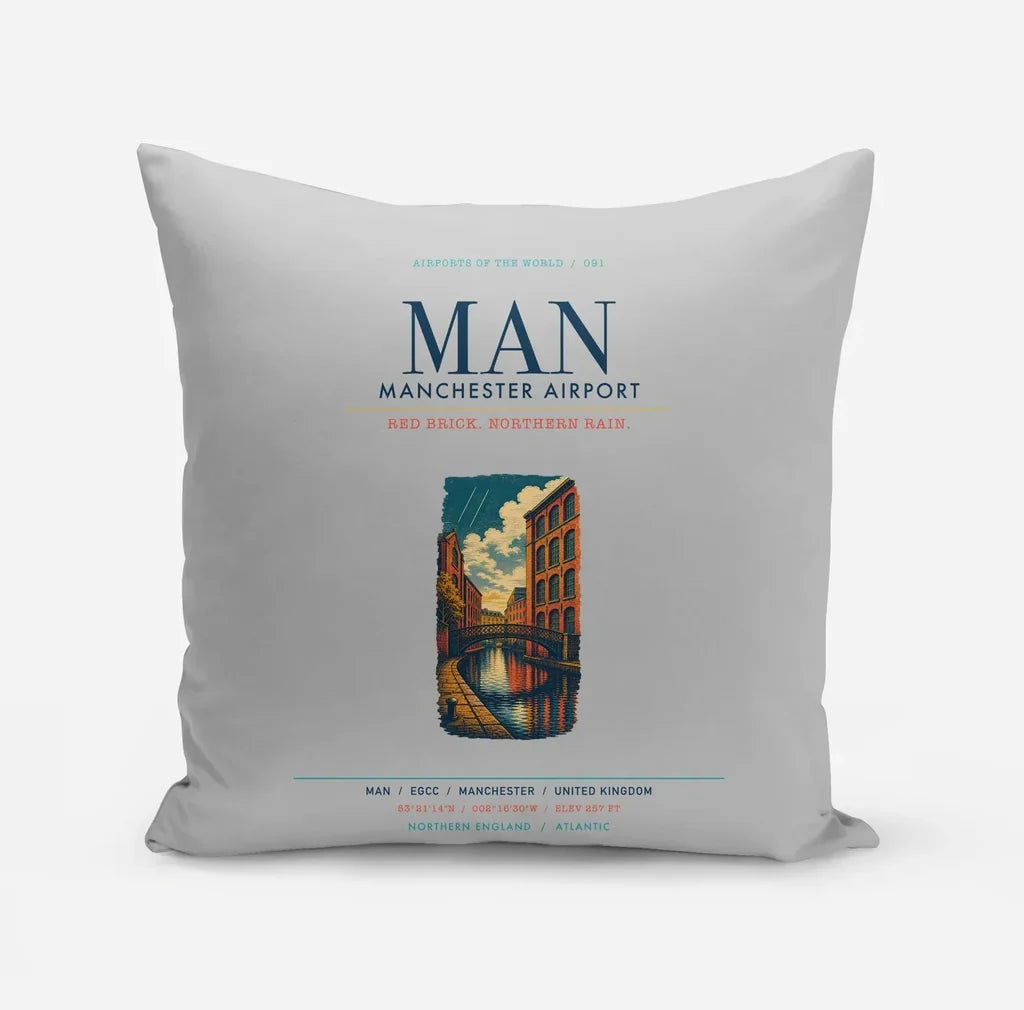 Manchester Airport (MAN) design on light gray pillow