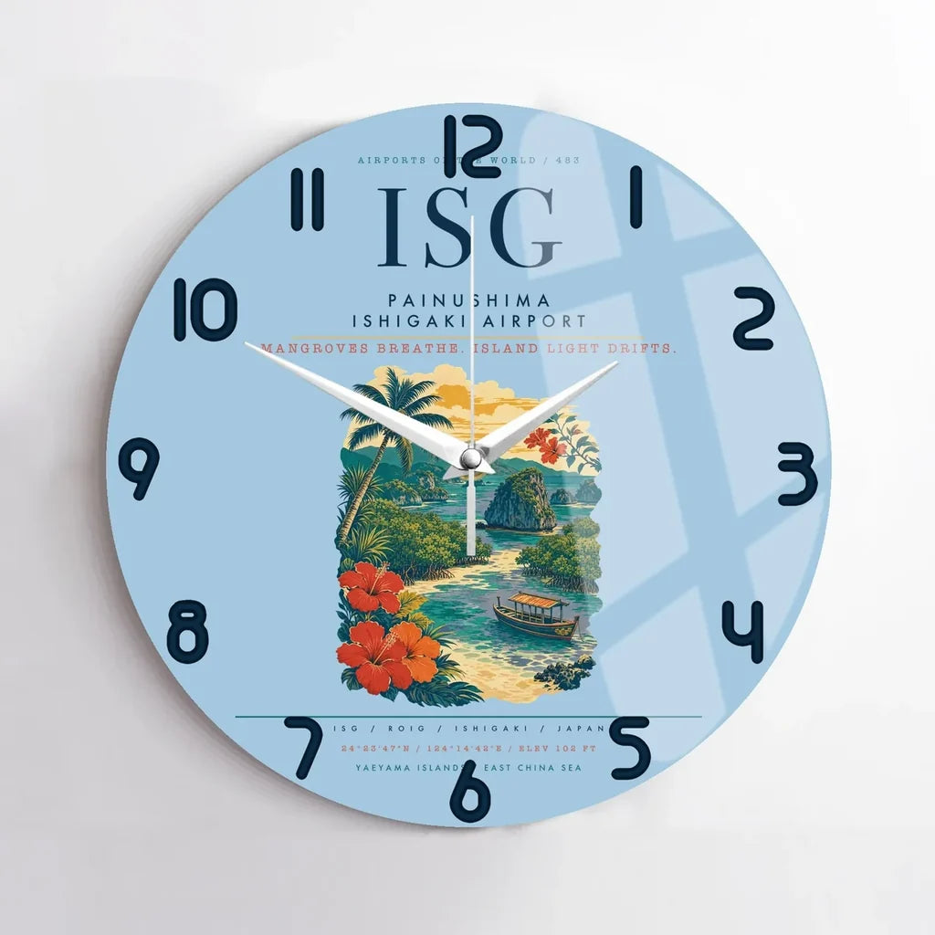 Painushima Ishigaki Airport (ISG) design on light blue no frame wall clock