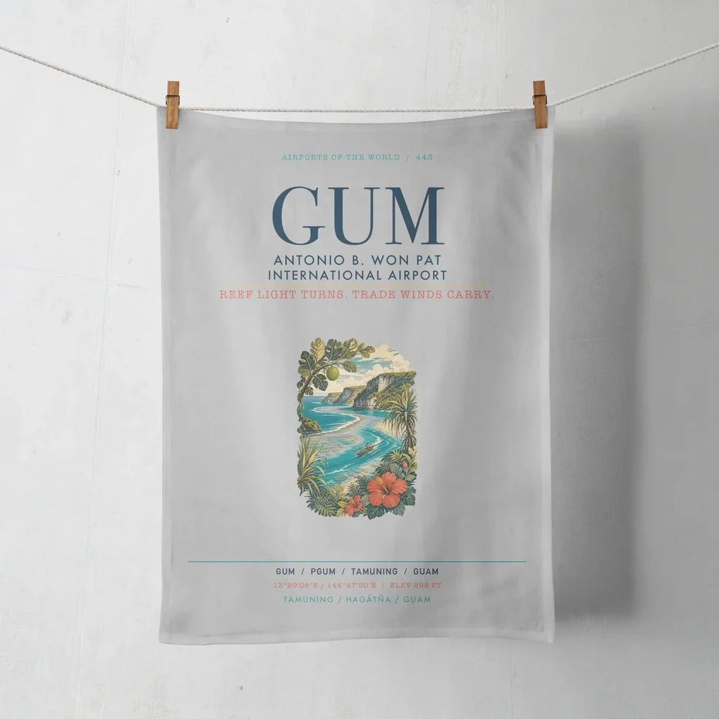 Antonio B. Won Pat International Airport (GUM) design on light gray towel
