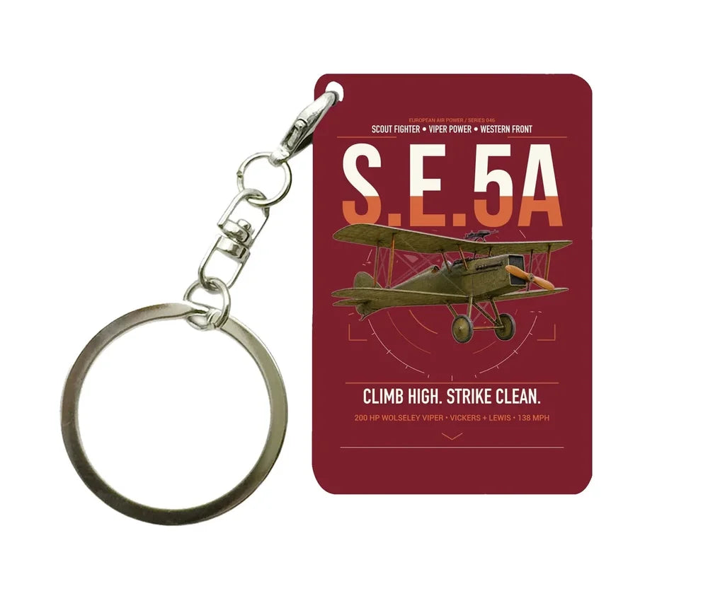 Royal Aircraft Factory S.E.5a design on dark red designed key chain, double-side print