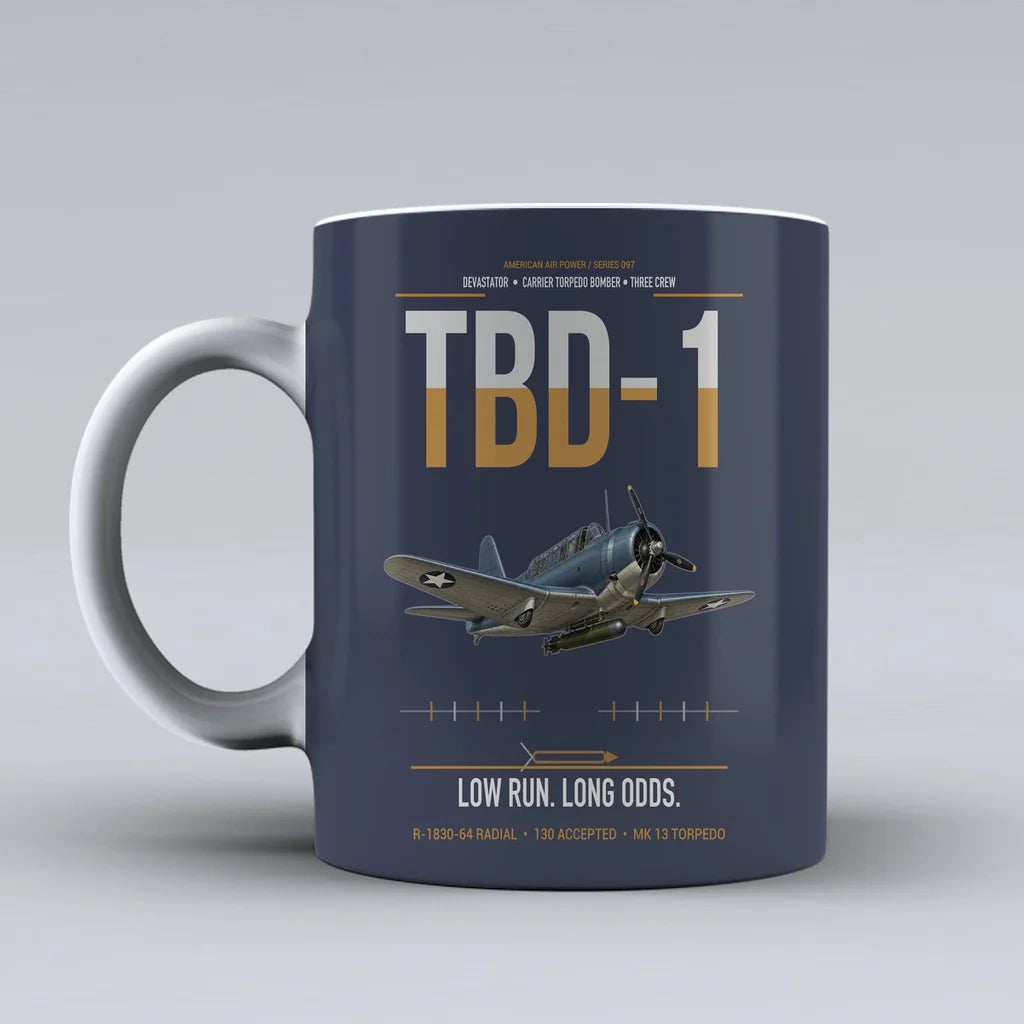 TBD-1 Devastator design on dark blue ceramic mug, double-side print