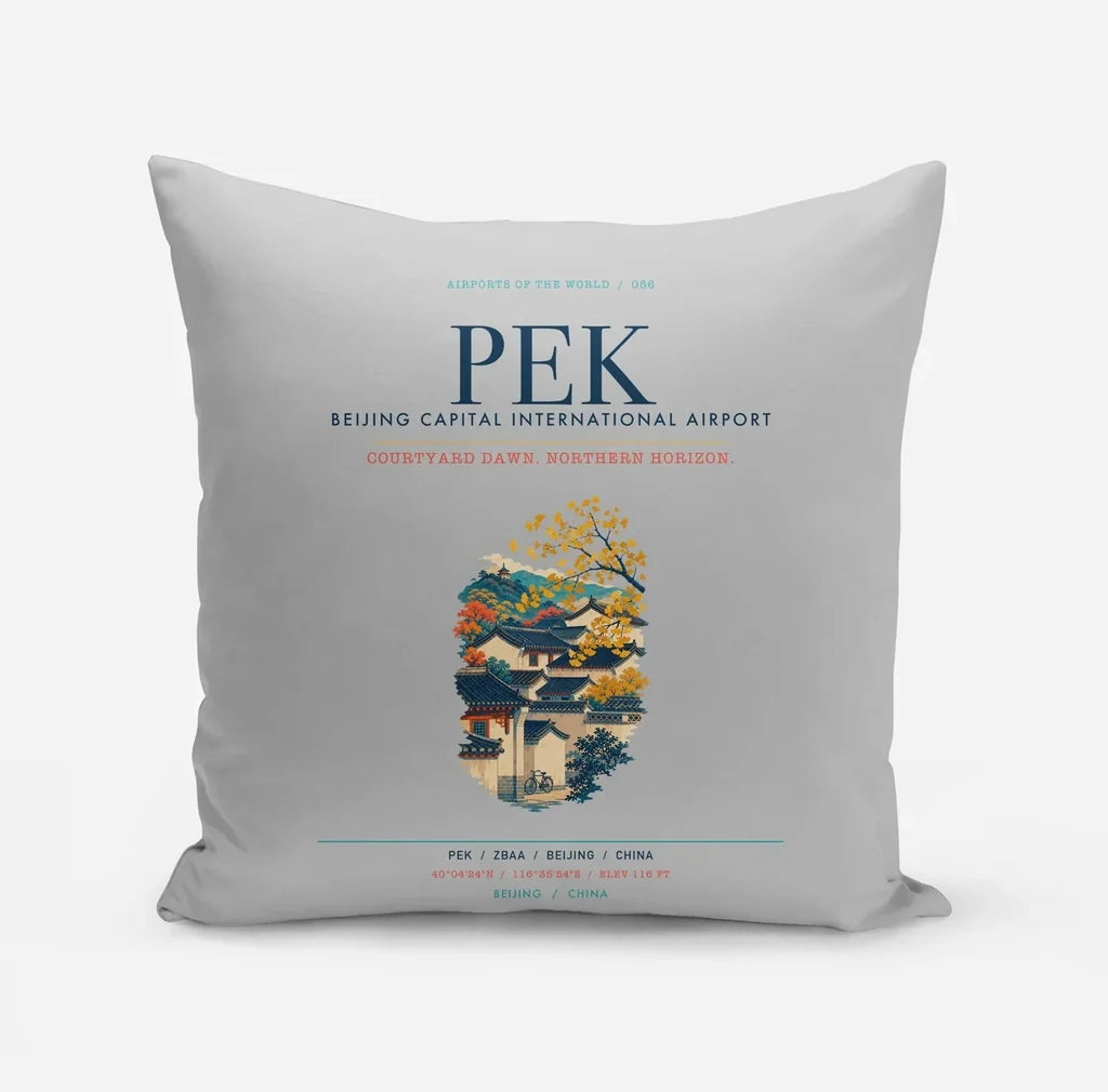 Beijing Capital International Airport (PEK) design on light gray pillow