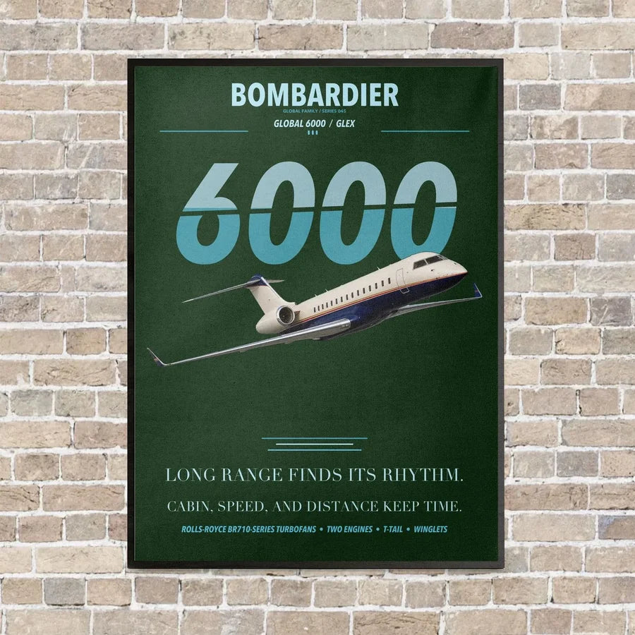 Bombardier Global 6000 vertical canvas print - framed - dark green background