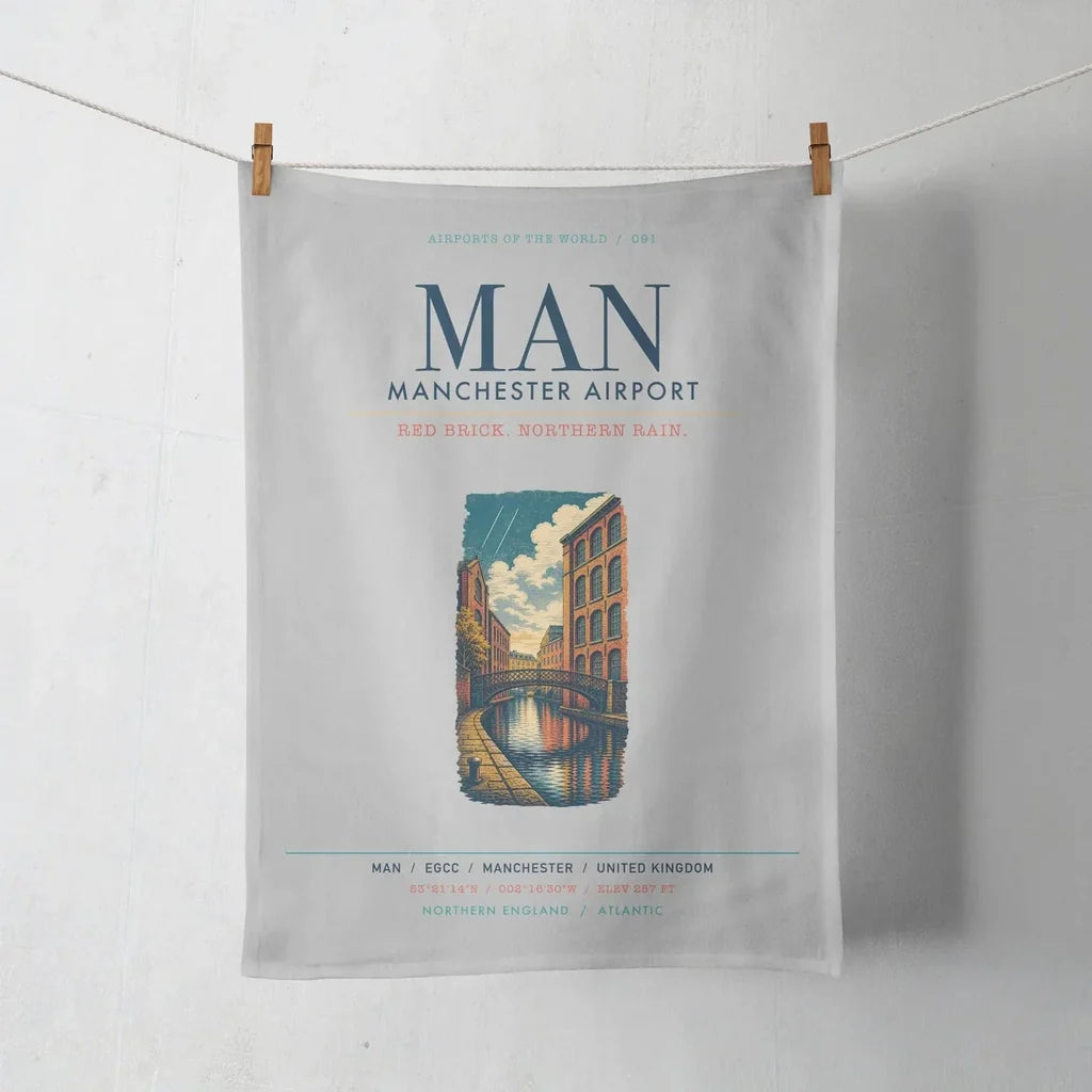 Manchester Airport (MAN) design on light gray towel