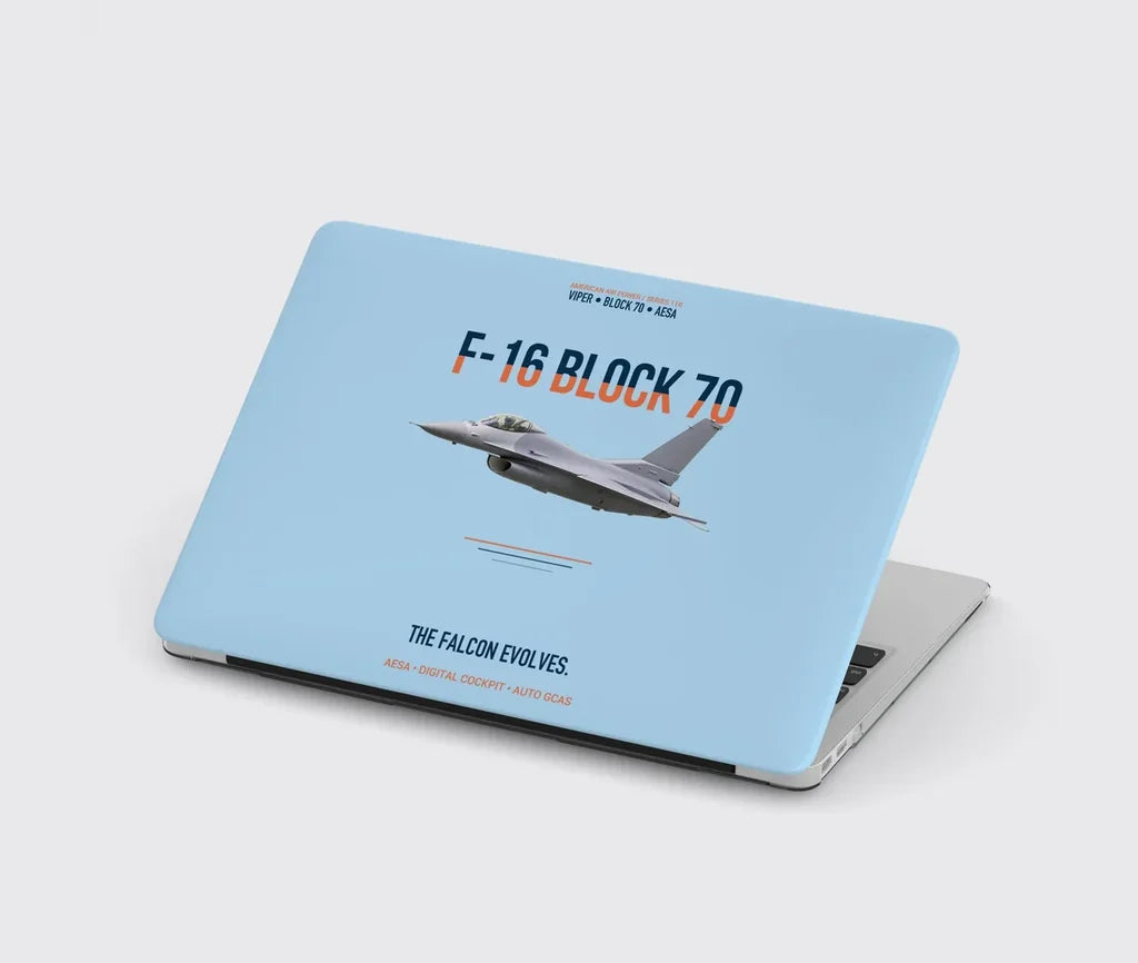 F-16 Block 70 The Falcon Evolves design on light blue MacBook case