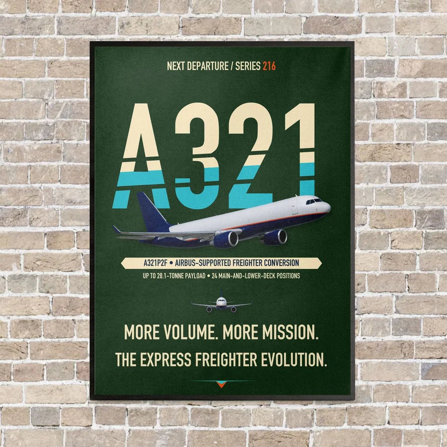 Airbus A321P2F vertical canvas print - framed - dark green background