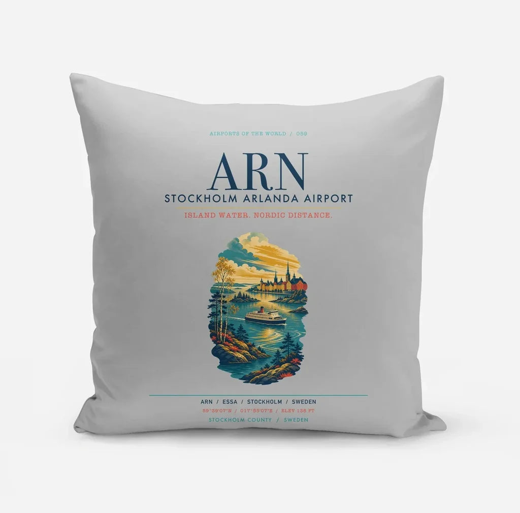 Stockholm Arlanda Airport (ARN) design on light gray pillow