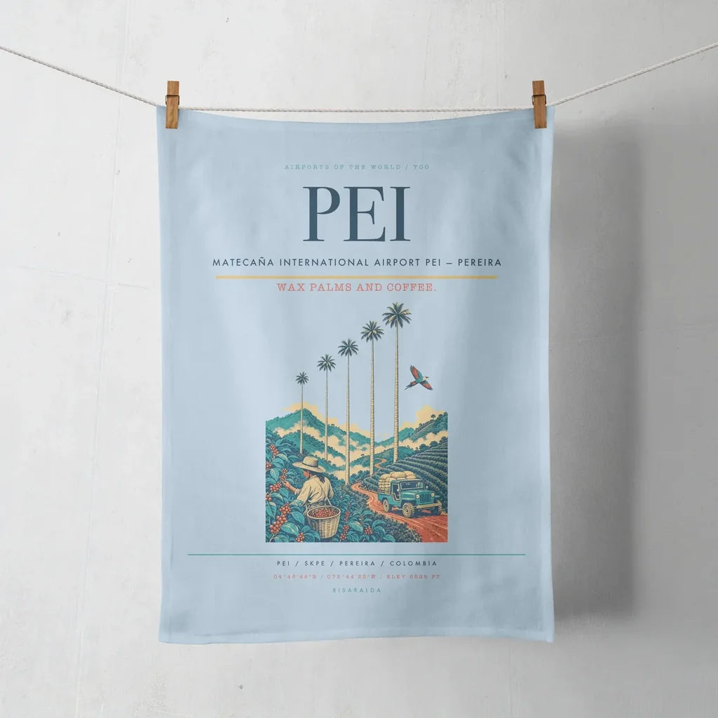Matecaña International Airport (PEI) design on light blue towel