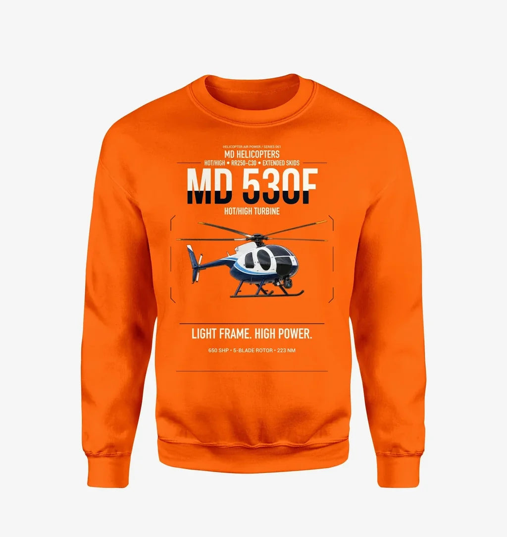 MD Helicopters MD 530F design on orange sweatshirt