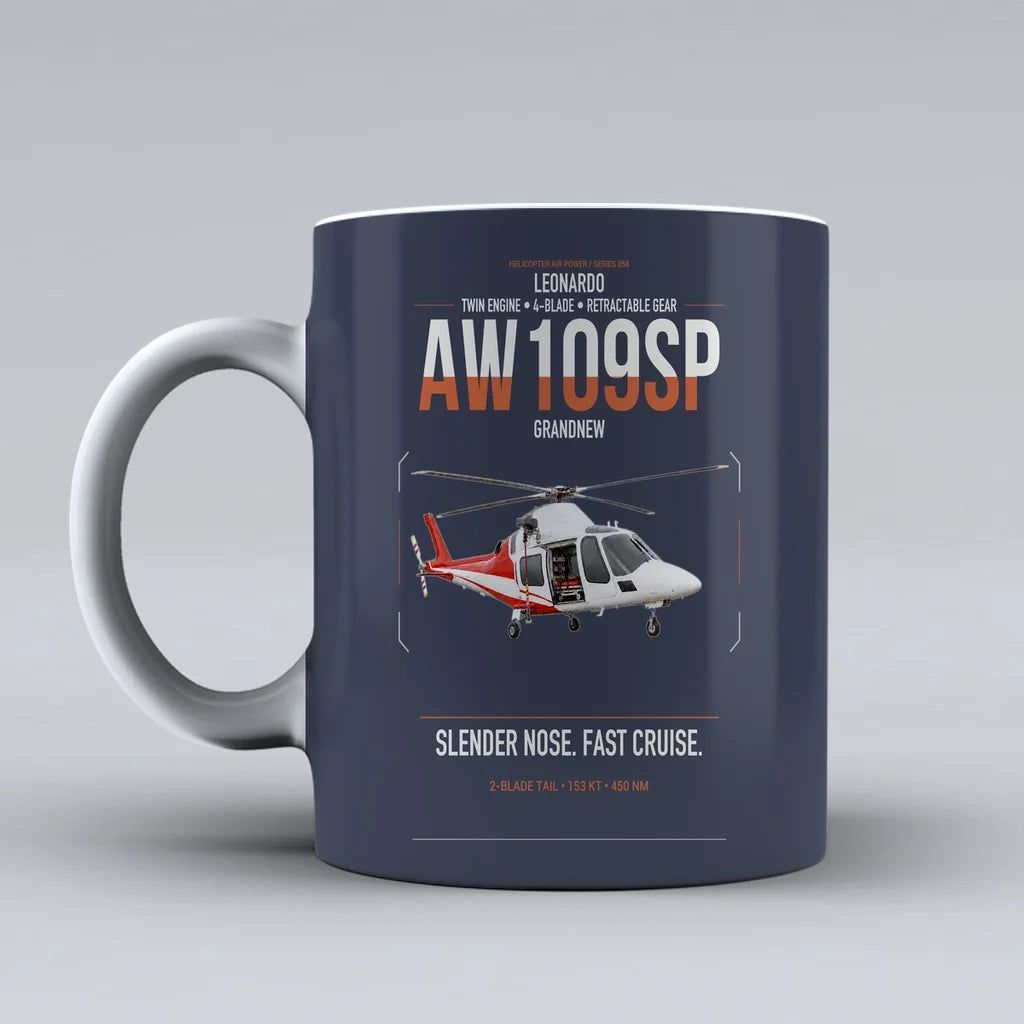 Leonardo AW109SP GrandNew design on dark blue ceramic mug, double-side print